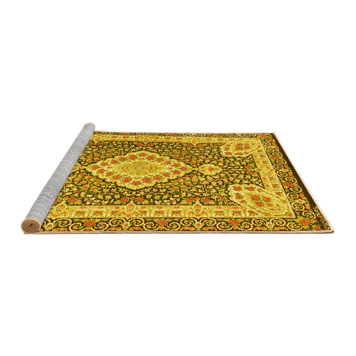 Sideview of Machine Washable Medallion Yellow Traditional Rug, wshtr4762yw