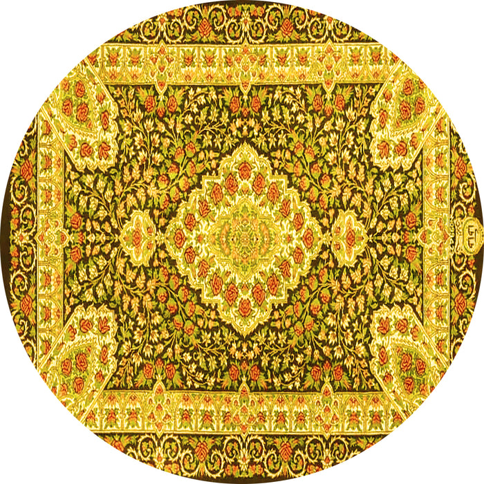 Round Machine Washable Medallion Yellow Traditional Rug, wshtr4762yw