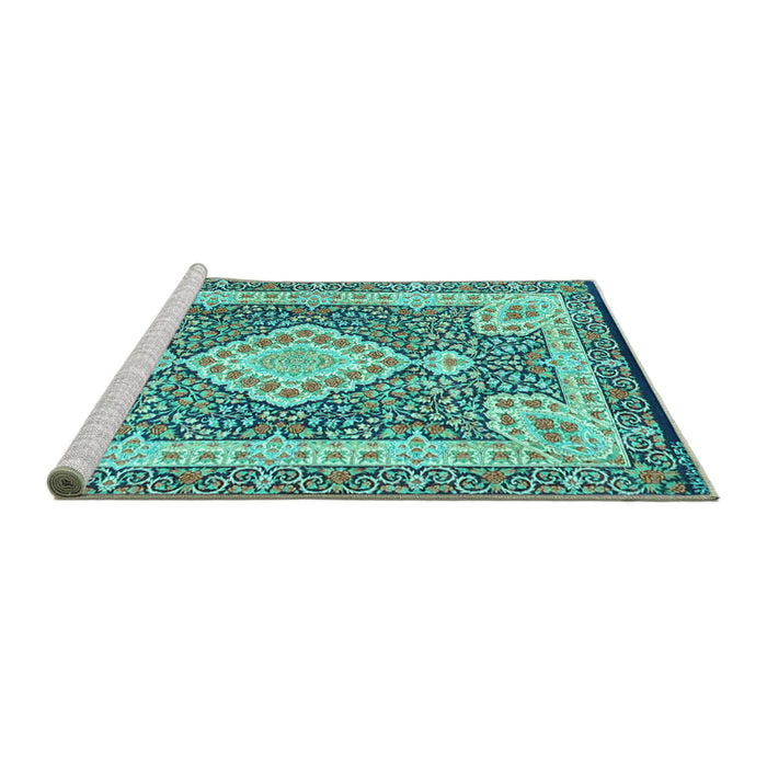 Sideview of Machine Washable Medallion Turquoise Traditional Area Rugs, wshtr4762turq