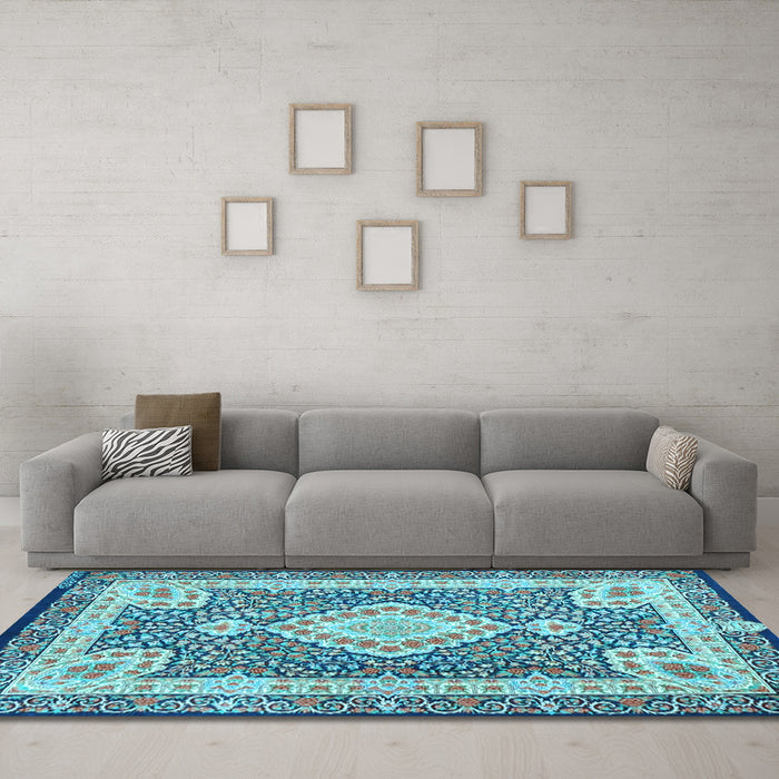Machine Washable Medallion Light Blue Traditional Rug in a Living Room, wshtr4762lblu