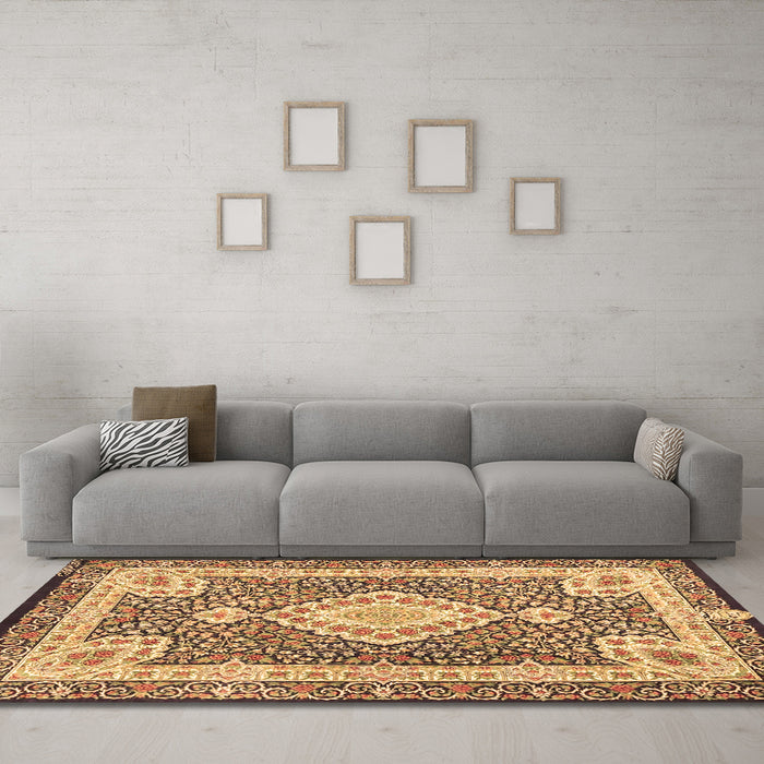Machine Washable Medallion Brown Traditional Rug in a Living Room,, wshtr4762brn