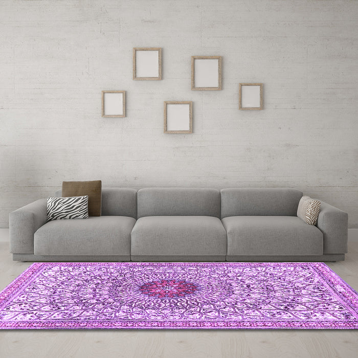 Machine Washable Medallion Purple Traditional Area Rugs in a Living Room, wshtr4763pur