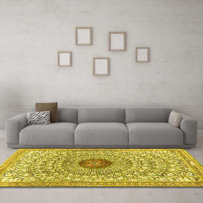 Machine Washable Medallion Yellow Traditional Rug in a Living Room, wshtr4763yw
