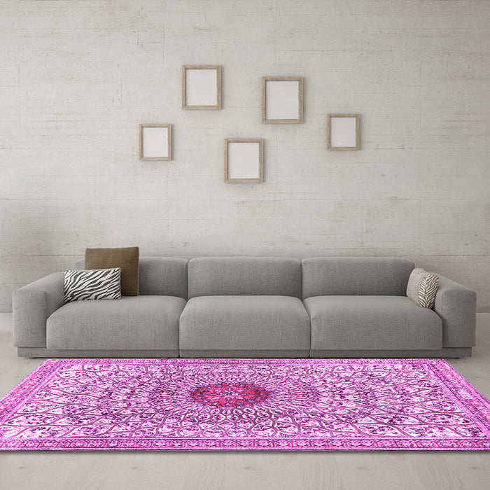 Machine Washable Medallion Pink Traditional Rug in a Living Room, wshtr4763pnk