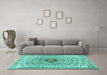 Machine Washable Medallion Turquoise Traditional Area Rugs in a Living Room,, wshtr4763turq