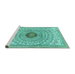 Sideview of Machine Washable Medallion Turquoise Traditional Area Rugs, wshtr4763turq