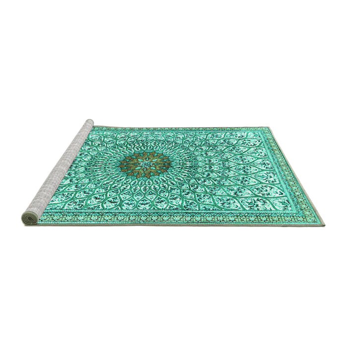 Sideview of Machine Washable Medallion Turquoise Traditional Area Rugs, wshtr4763turq