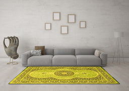 Machine Washable Medallion Yellow Traditional Rug in a Living Room, wshtr4764yw