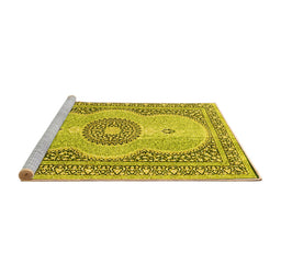Sideview of Machine Washable Medallion Yellow Traditional Rug, wshtr4764yw