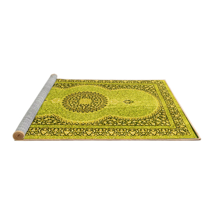Sideview of Machine Washable Medallion Yellow Traditional Rug, wshtr4764yw