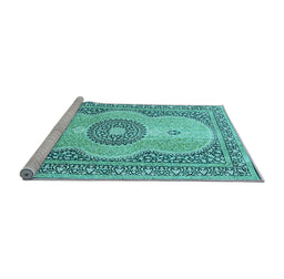 Sideview of Machine Washable Medallion Light Blue Traditional Rug, wshtr4764lblu