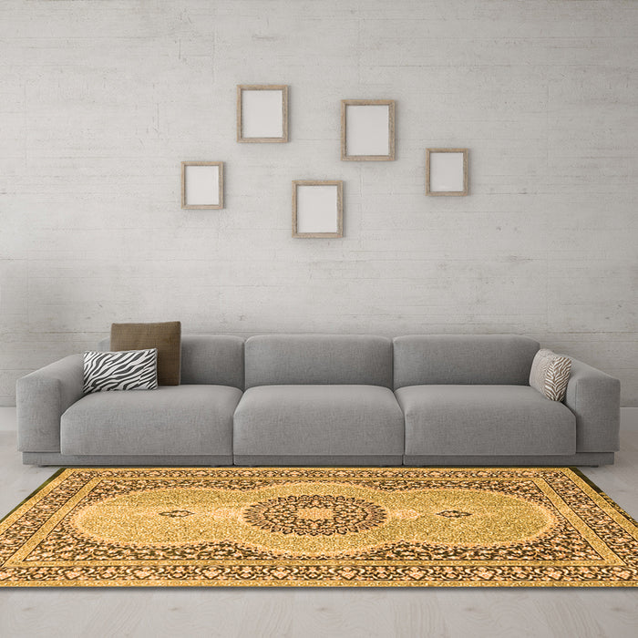 Machine Washable Medallion Orange Traditional Area Rugs in a Living Room, wshtr4764org