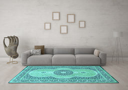 Machine Washable Medallion Light Blue Traditional Rug in a Living Room, wshtr4764lblu