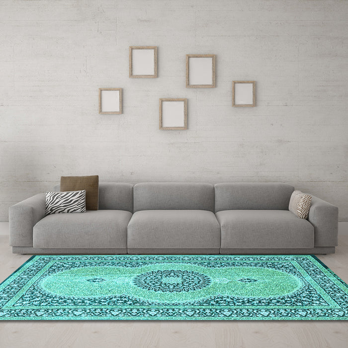Machine Washable Medallion Light Blue Traditional Rug in a Living Room, wshtr4764lblu