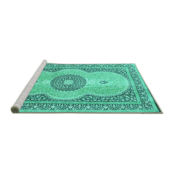 Sideview of Machine Washable Medallion Turquoise Traditional Area Rugs, wshtr4764turq