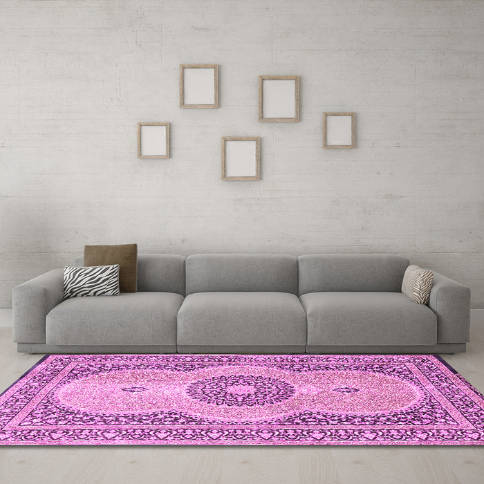 Machine Washable Medallion Pink Traditional Rug in a Living Room, wshtr4764pnk