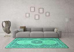 Machine Washable Medallion Turquoise Traditional Area Rugs in a Living Room,, wshtr4764turq