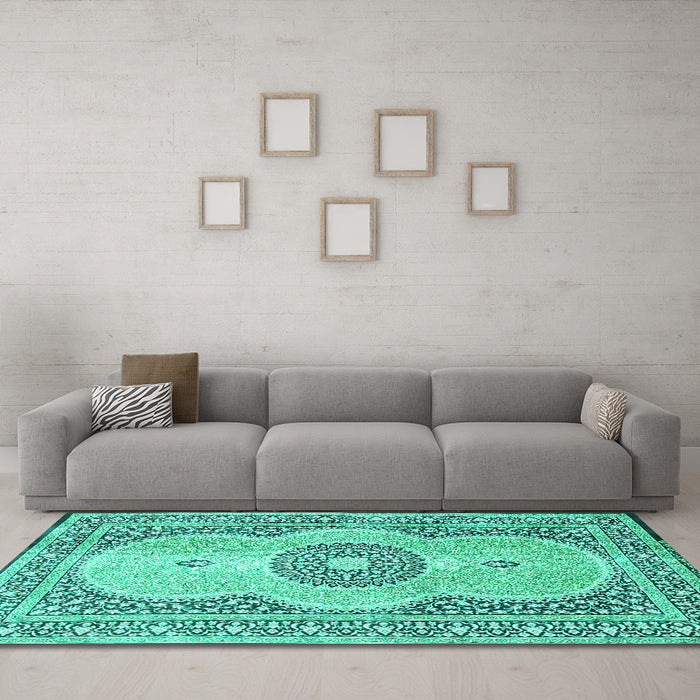Machine Washable Medallion Turquoise Traditional Area Rugs in a Living Room,, wshtr4764turq