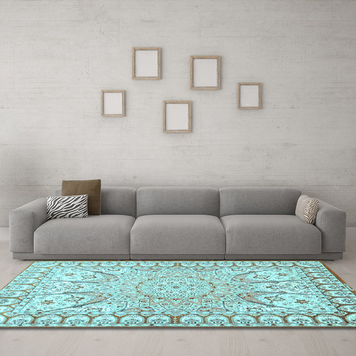 Machine Washable Medallion Light Blue Traditional Rug in a Living Room, wshtr4765lblu