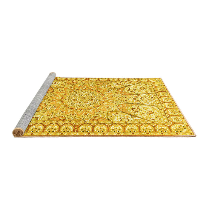 Sideview of Machine Washable Medallion Yellow Traditional Rug, wshtr4765yw