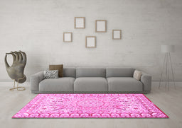 Machine Washable Medallion Pink Traditional Rug in a Living Room, wshtr4765pnk