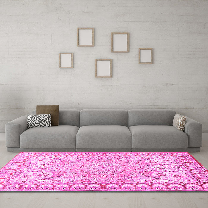 Machine Washable Medallion Pink Traditional Rug in a Living Room, wshtr4765pnk