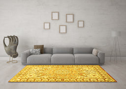 Machine Washable Medallion Yellow Traditional Rug in a Living Room, wshtr4765yw