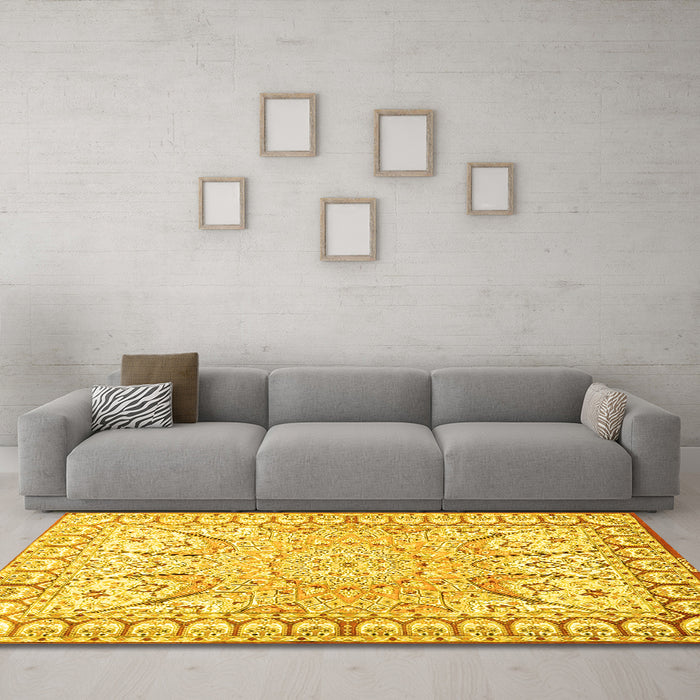 Machine Washable Medallion Yellow Traditional Rug in a Living Room, wshtr4765yw