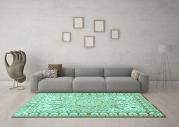 Machine Washable Medallion Turquoise Traditional Area Rugs in a Living Room,, wshtr4765turq