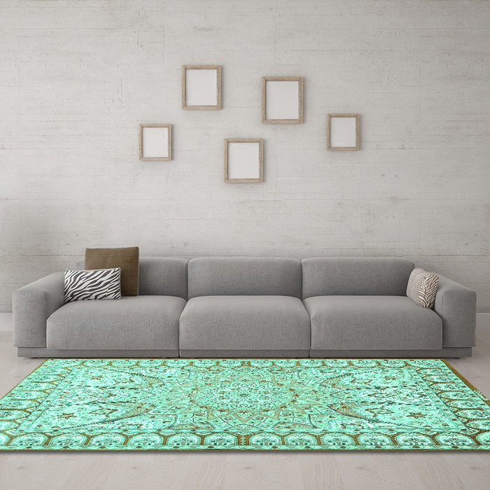Machine Washable Medallion Turquoise Traditional Area Rugs in a Living Room,, wshtr4765turq