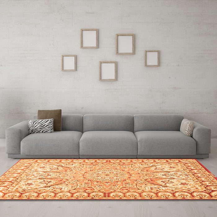 Machine Washable Medallion Orange Traditional Area Rugs in a Living Room, wshtr4765org