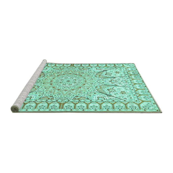 Sideview of Machine Washable Medallion Turquoise Traditional Area Rugs, wshtr4765turq