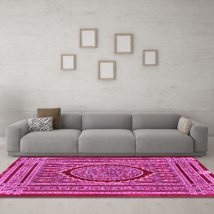 Machine Washable Medallion Pink Traditional Rug in a Living Room, wshtr4766pnk
