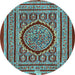 Round Machine Washable Medallion Light Blue Traditional Rug, wshtr4766lblu