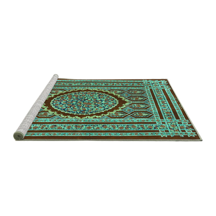 Sideview of Machine Washable Medallion Turquoise Traditional Area Rugs, wshtr4766turq