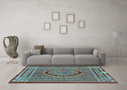 Machine Washable Medallion Light Blue Traditional Rug in a Living Room, wshtr4766lblu