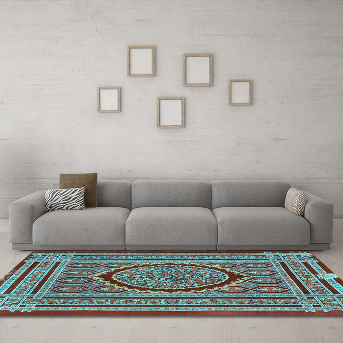 Machine Washable Medallion Light Blue Traditional Rug in a Living Room, wshtr4766lblu