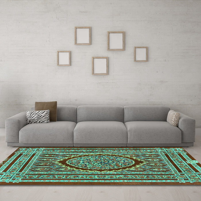 Machine Washable Medallion Turquoise Traditional Area Rugs in a Living Room,, wshtr4766turq