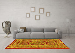 Machine Washable Medallion Yellow Traditional Rug in a Living Room, wshtr4766yw
