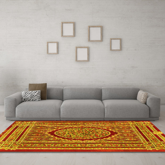 Machine Washable Medallion Yellow Traditional Rug in a Living Room, wshtr4766yw