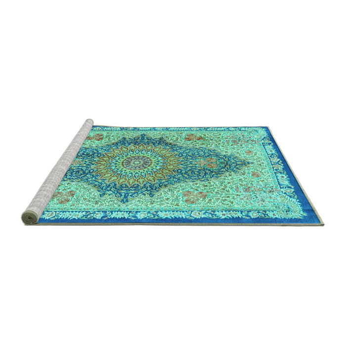 Sideview of Machine Washable Persian Turquoise Traditional Area Rugs, wshtr4768turq