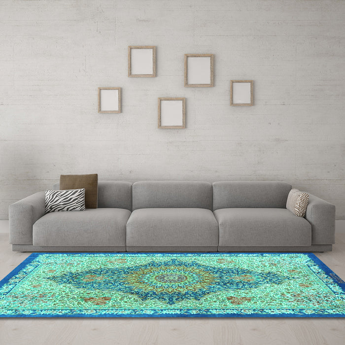Machine Washable Persian Turquoise Traditional Area Rugs in a Living Room,, wshtr4768turq