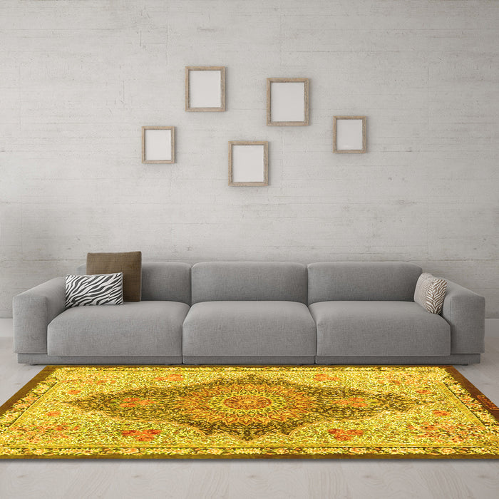 Machine Washable Persian Yellow Traditional Rug in a Living Room, wshtr4768yw