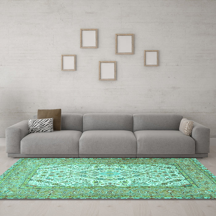 Machine Washable Persian Turquoise Traditional Area Rugs in a Living Room,, wshtr4769turq
