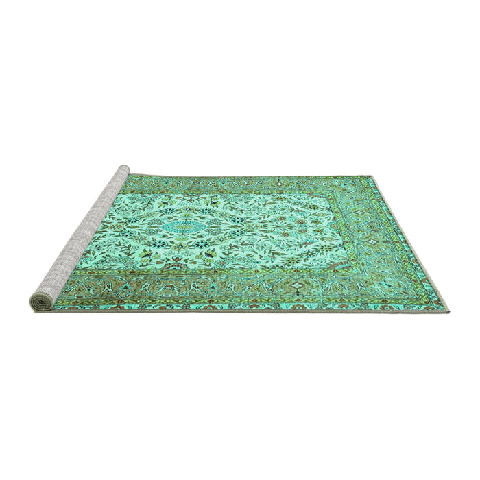 Sideview of Machine Washable Persian Turquoise Traditional Area Rugs, wshtr4769turq