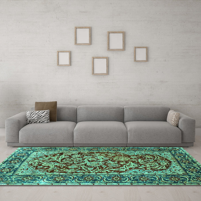 Machine Washable Persian Turquoise Traditional Area Rugs in a Living Room,, wshtr4770turq