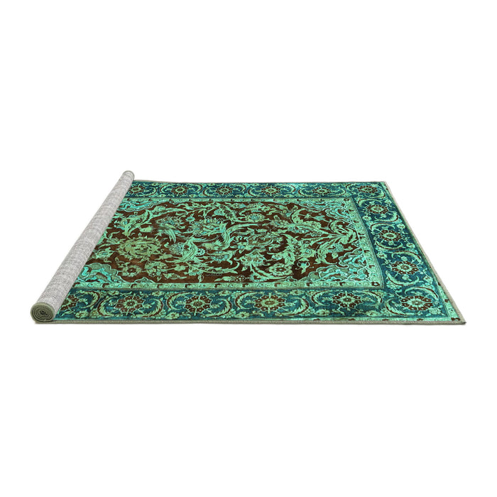 Sideview of Machine Washable Persian Turquoise Traditional Area Rugs, wshtr4770turq