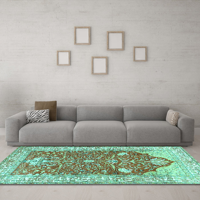 Machine Washable Animal Turquoise Traditional Area Rugs in a Living Room,, wshtr4771turq