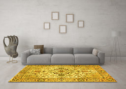 Machine Washable Medallion Yellow Traditional Rug in a Living Room, wshtr4772yw