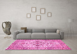Machine Washable Medallion Pink Traditional Rug in a Living Room, wshtr4772pnk